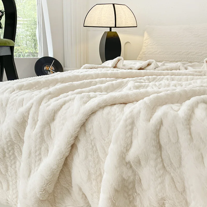 Tilpassbar størrelse Kaninvelour Jacquard falsk pels Raschel teppe enfarget tykkere varm vinter hjem fritid plaide stil