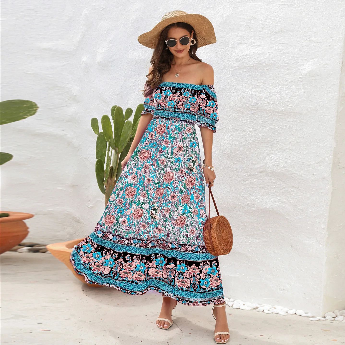 Women's Summer Floral Print Midi Beach Dress New Bohemian Off-Shoulder  Flutter Sleeve Casual Sundress Eco-Friendly Fabric for