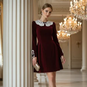 ZYHT 45437 Vintage Style Events Velvet Mini Dress White Lace Peter Pan Collar & Long Sleeves Dress Women