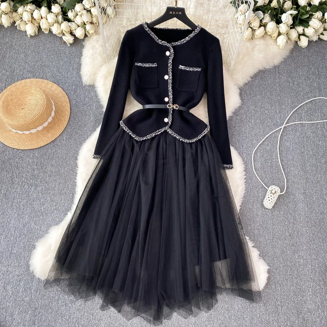 LE1804 2023 New Autumn Modesty Small Fragrance Knitted Cardigan & Halter Dress Two-Piece Set