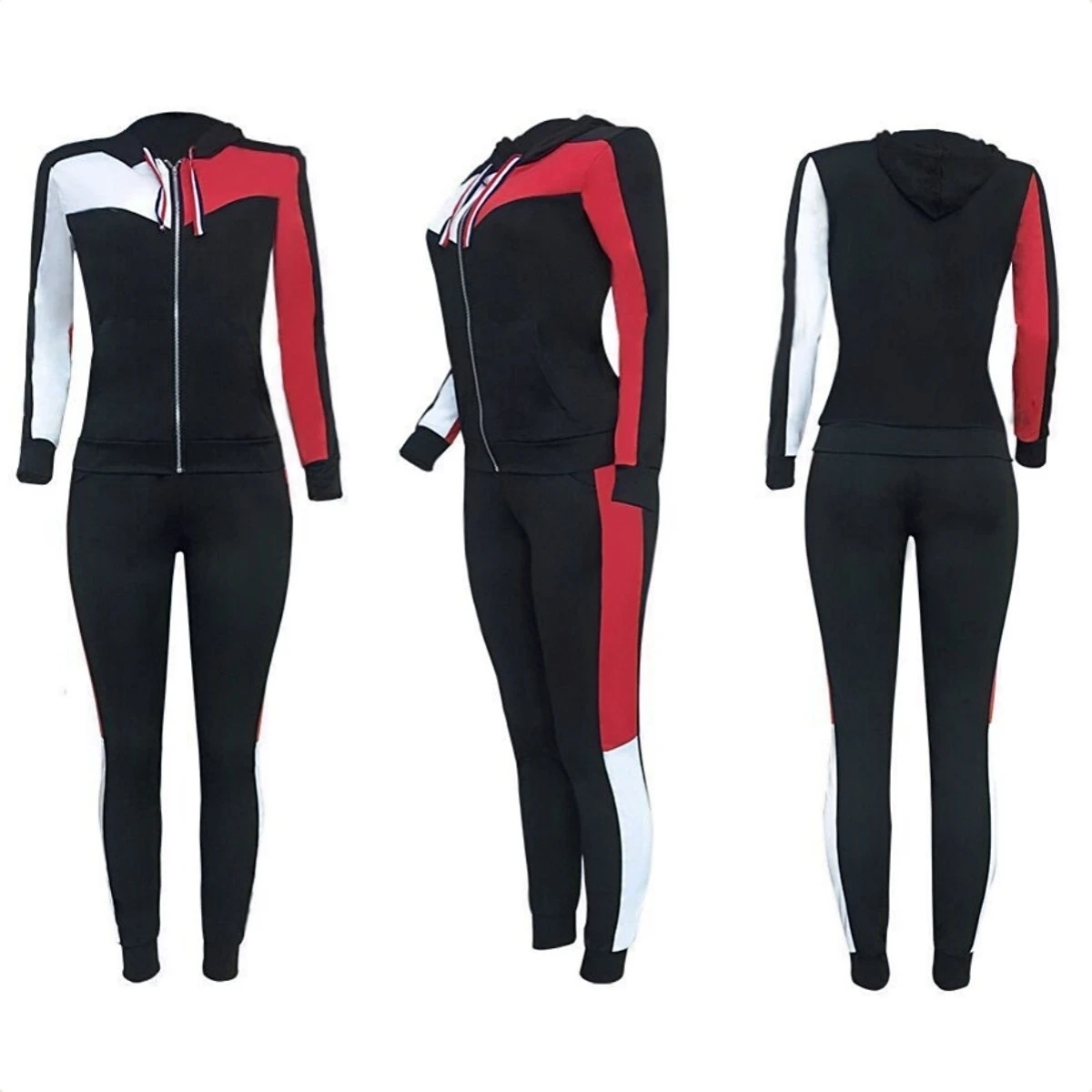 Contrasting Color Women Casual Tracksuit Long Sleeve Zipper Hoodie Coat + Pencil Pants Autumn Spring Lady Fashion Two Piece Set