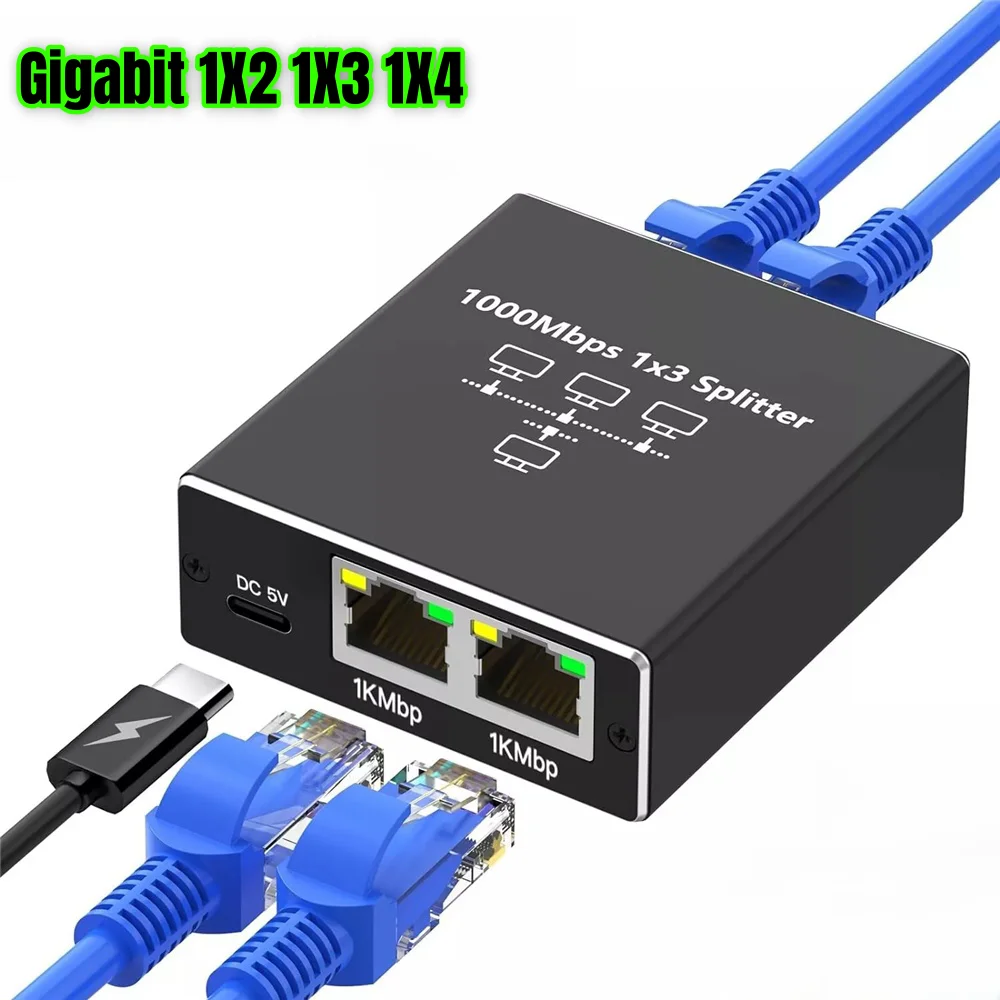 FUNZING Divisor Gigabit Ethernet 1x2, alta velocidade de 1000 Mbps, alimentado por USB, suporta