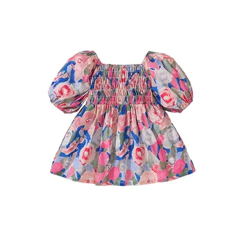 Girls dress 2024 Summer pastoral princess dress puff sleeve children's dress flower girl's skirt