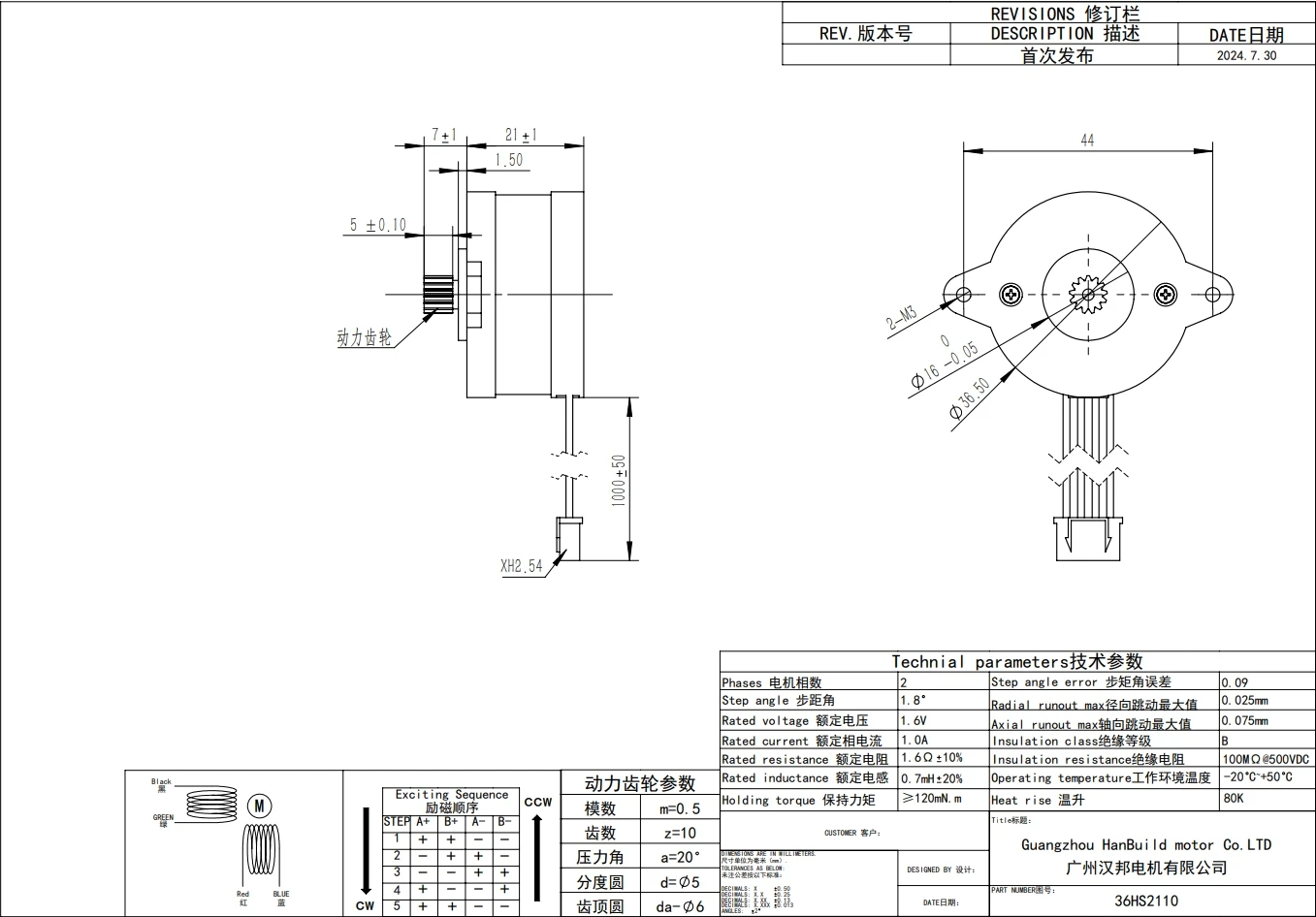 product hanpose factory supply round stepping motor step angle 18 degree 36hs2110 36 circular stepper717-2
