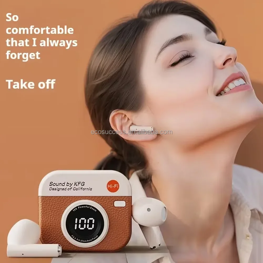 Q86 Retro Camera Leather Grain New Design Wireless Earbuds In-Ear Earphones With Screen Digital Display and Gaming Low Latency