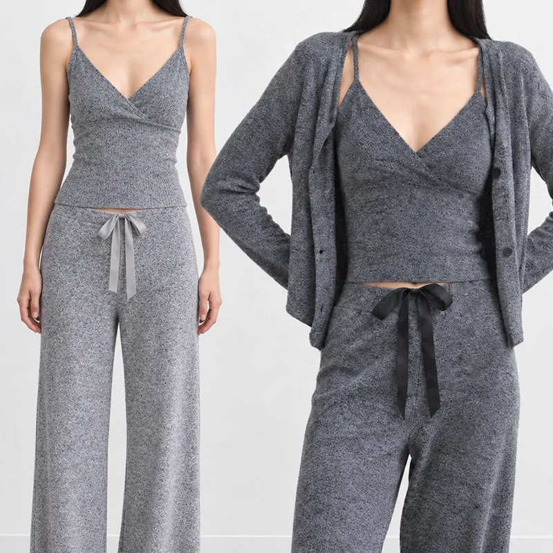 Womens Padded V Neck Camisole Long Sleeve Cardigan High Rise Elastic Waist Pants Three Piece Lounge Set — detail