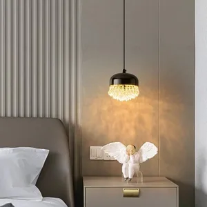 JACKSUN LED Pendant Light Modern Black Crystal Chandelier Modern Bedside Hanging Lamp for Bedroom Living