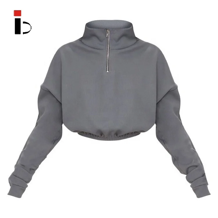 Custom Grey Rib High Neck Front Half Zip Long Sleeve Crop Top Hoodie for Women