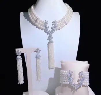 2020 Noble Unique Design Baroque Sea Shell Pearl +CZ Silver Necklace+Bracelet+Earring Statement Jewelry Set