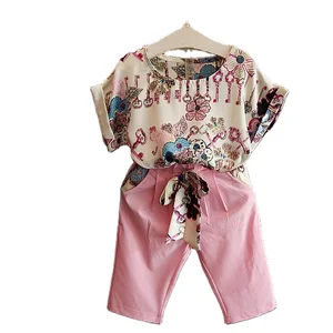Wholesale Toddler Clothing with Messy Short-sleeved Blouse Cropped Trousers Casual Fashion Suit