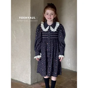 YOEHYAUL 25156 Autumn Long-sleeved Children's Clothing 100% Cotton Floral Country-style Dress Lace Trim Collar Cuffs Girls Dress
