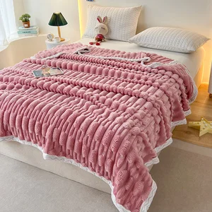 Luxury Jacquard Striped Faux Fur Throw Blanket Cozy Milky Fluffy Plush for Sofa Couch Bed Warm Knitted Woven Blanket for Home