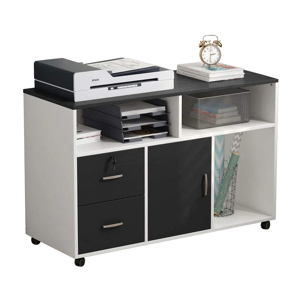 File Cabinet with Lock and Drawer, Mobile Lateral Filing Cabinet Printer Stand with Wheels and Storage Shelves, Black