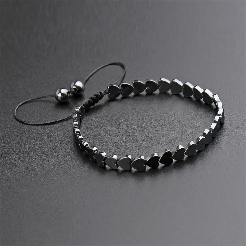 Simple Geometric Heart Arrows Hexagon Hematite Magnetic Stone Bead Handwoven Adjustable Magnet Bracelet for Mens Jewelry