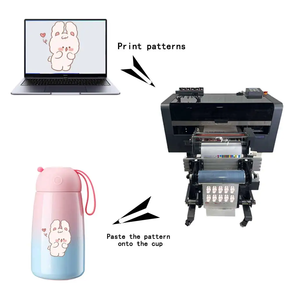 Stampante Digitale Cristallo Etichette ibride Multicolori 30cm Uv Dtf Stampante a Rotazione Continua Macchina per Stampa Uv con Laminatore per Bottiglie