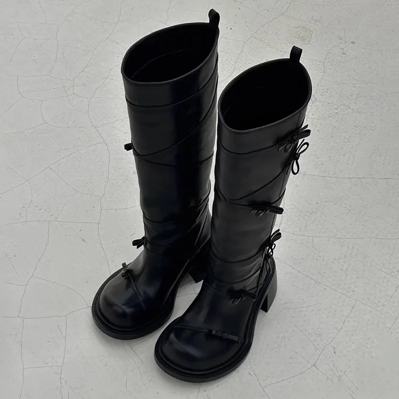 Fashion Women Vintage Black Solid Thick Soled Square Toe Belt Buckle Chunky Heel Mid-leg Winter Knee Hight Boots - Image 2