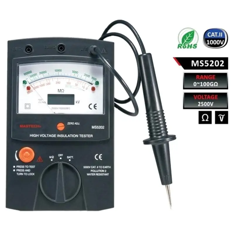 MASTECH MS5202 цифровой/аналоговый/двойной дисплей/указатель мегометр тестер сопротивления изоляции до 2500 в 100000