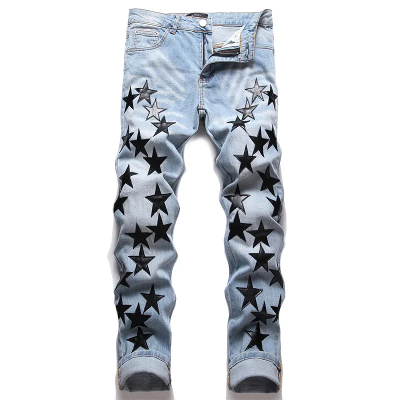 Wholesale Custom Fashion Designer Ripped Star Men's Jeans Pants for Men Star Patched Jeans