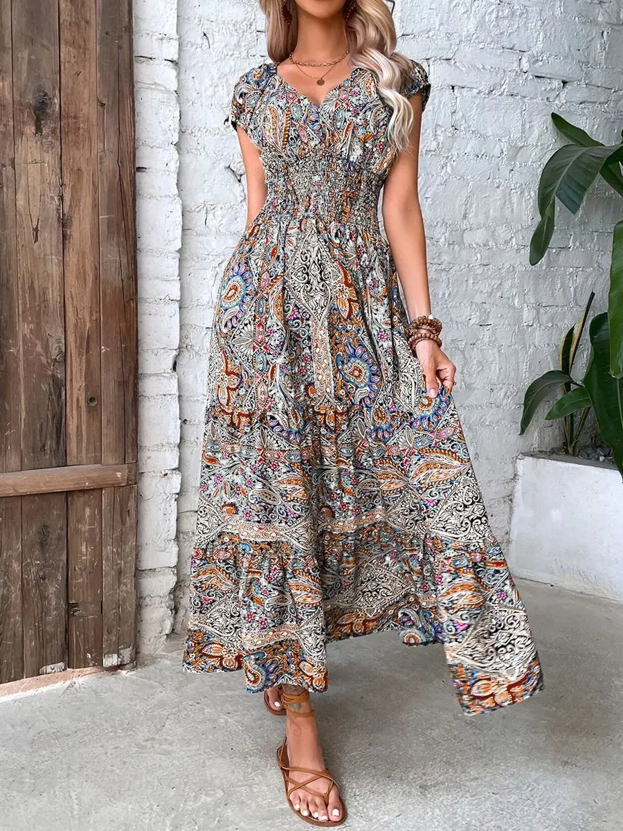 Custom High-waisted Floral Dress Feminine Casual Style With V-neck Robe ...