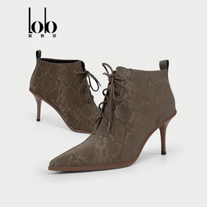 LOB Women's Classic Elastic Velvet Genuine Leather High Heels Fish Mouth Sloping Heel Large Tube Pointed Lace-Up Ankle Bootie