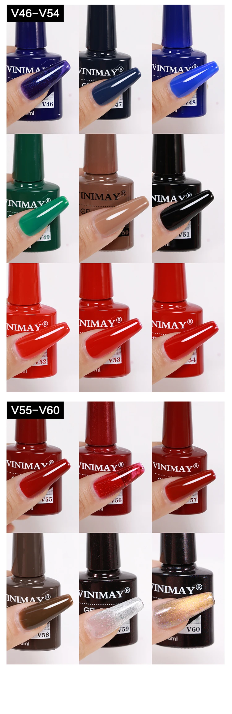 Vinimay 60-Color UV Gel Nail Polish Set Wholesale Soak Nail Polish Bottle Packaging Top Model Free Sample MSDS Certificate Art factory