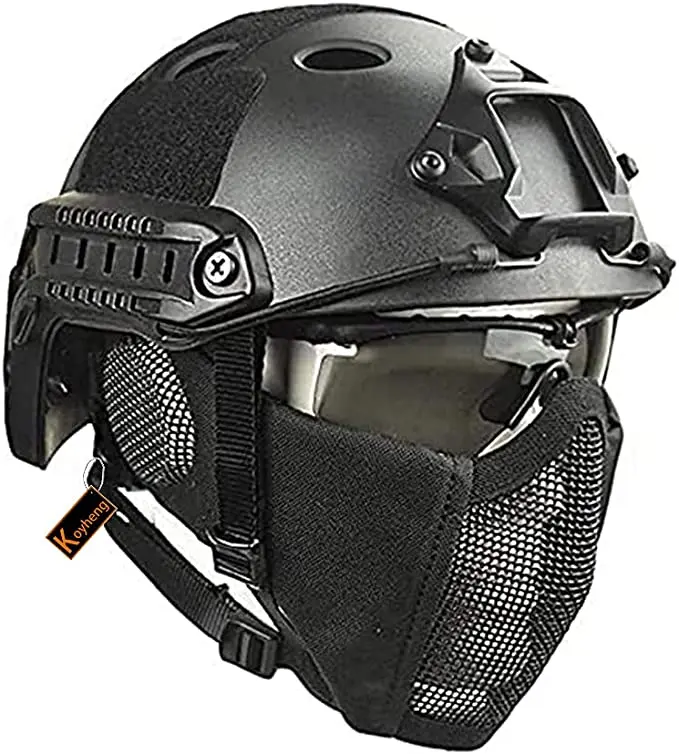 Tactical Fast Helmet Combined,with Foldable Ear Protection Half Face Mesh Mask and Glass for Airsoft Paintball CS Game Set