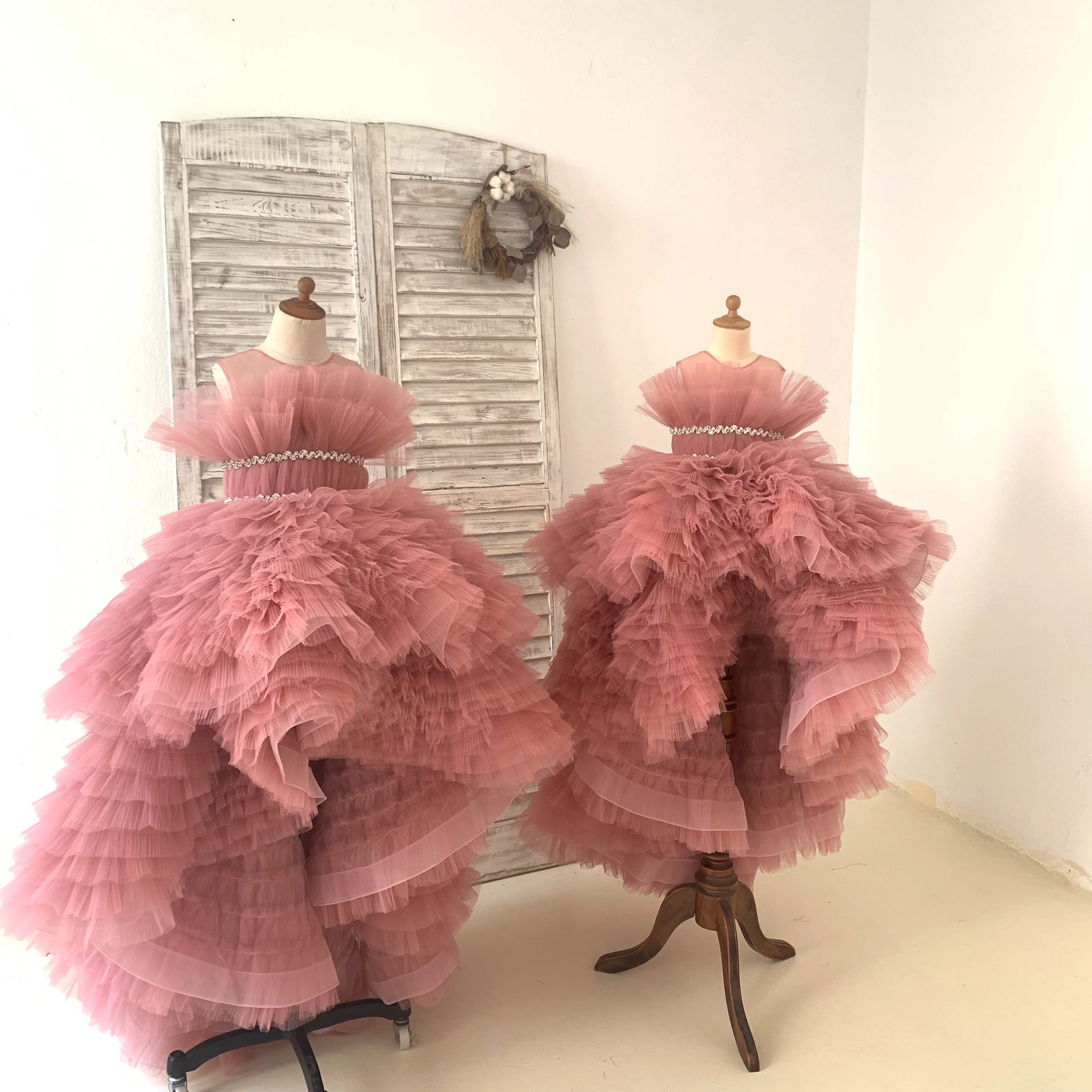 Сине-синее Плиссированное Тюлевое платье Hi Low, свадебное платье для девочек с цветами, детское платье для дня рождения, бальное платье принцессы