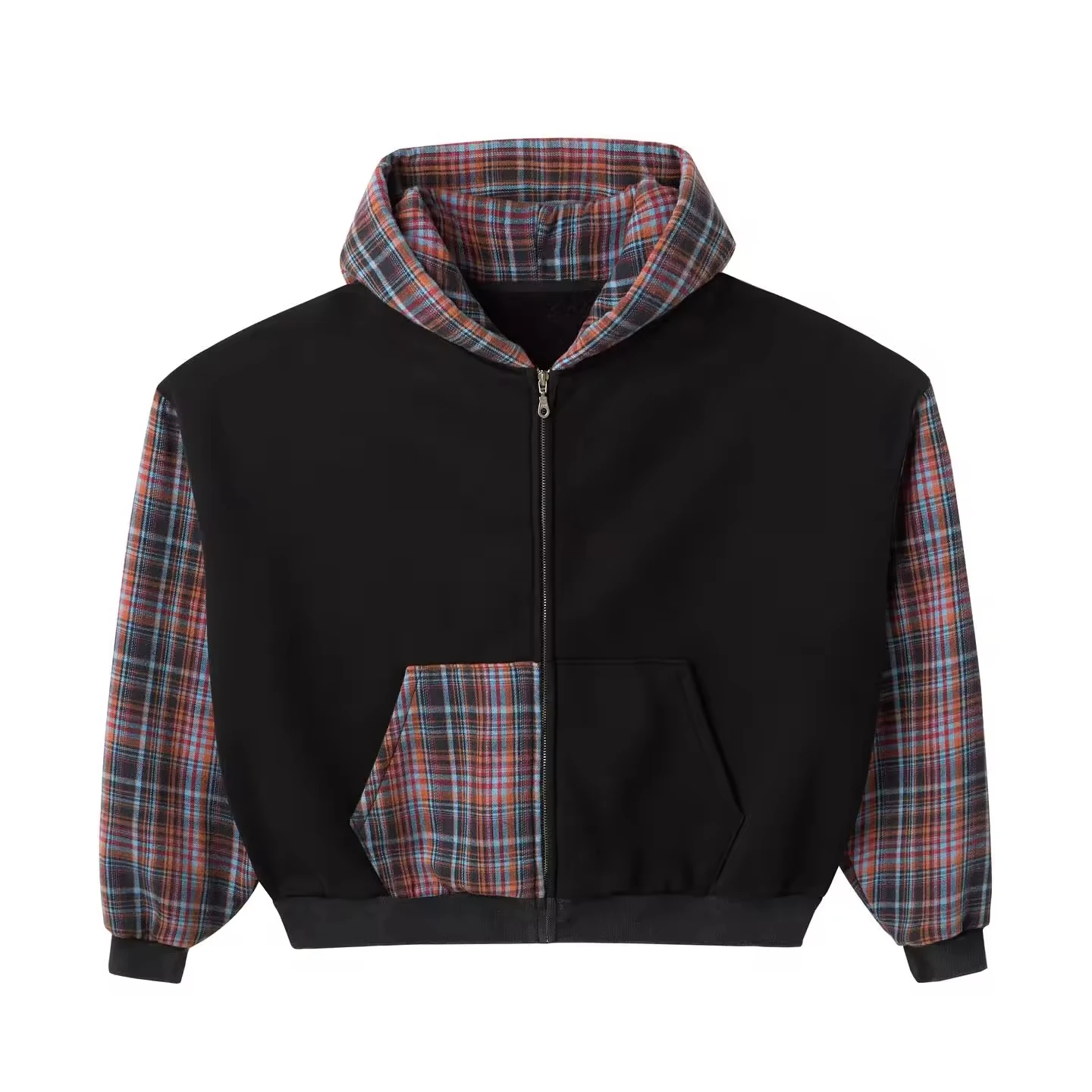 Clothing Manufacturers Custom French Terry 100% Cotton Plaid Patchwork Color Block Zip up Hoodie Jacket for Men gallery 2