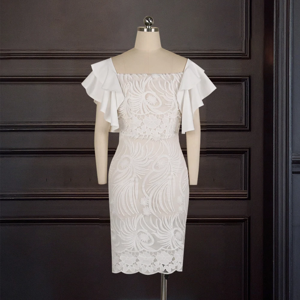 Latest Elegant White Lace Chic One Shoulder Ruffle Lady Evening Dress