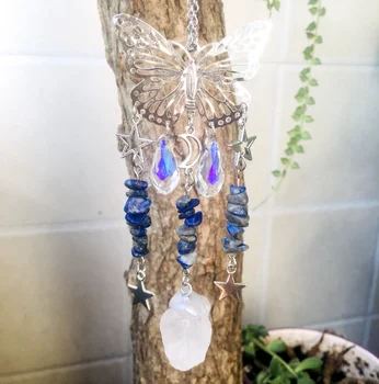 56Healing Wholesale Moon Crystal Crafts Butterfly and Moon and Star Sun Catcher with Raw Clear Quartz Stone for Healing