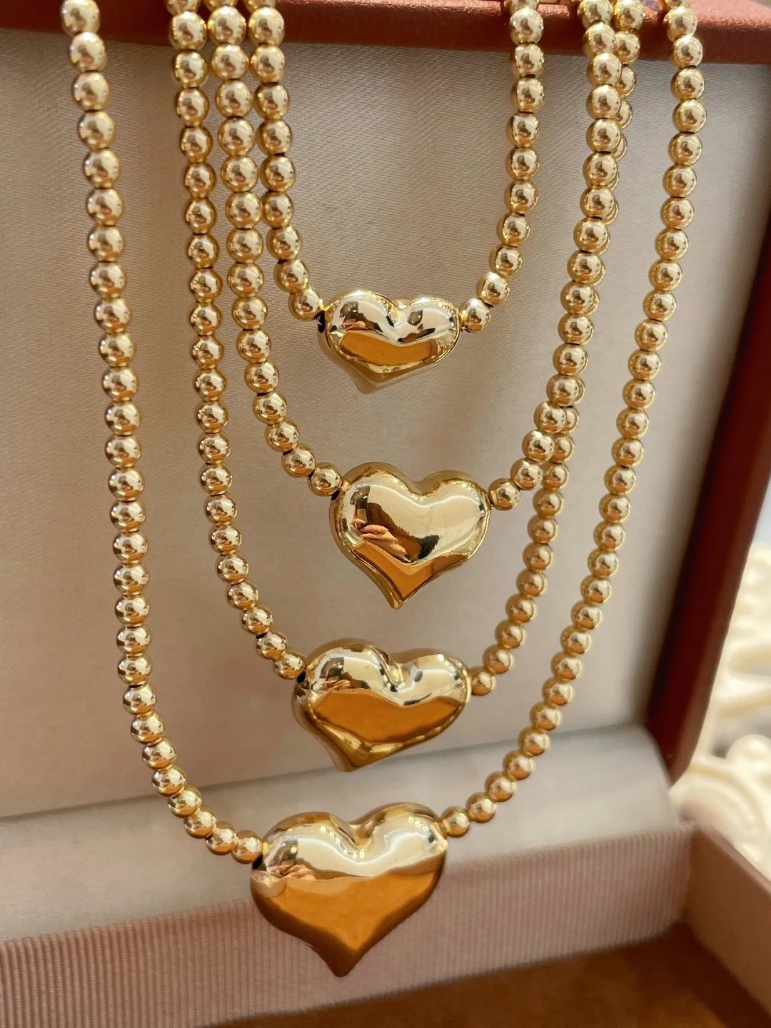 AU750 18K Gold Heart Bead Necklace Set 4 Sizes Solid Yellow Gold