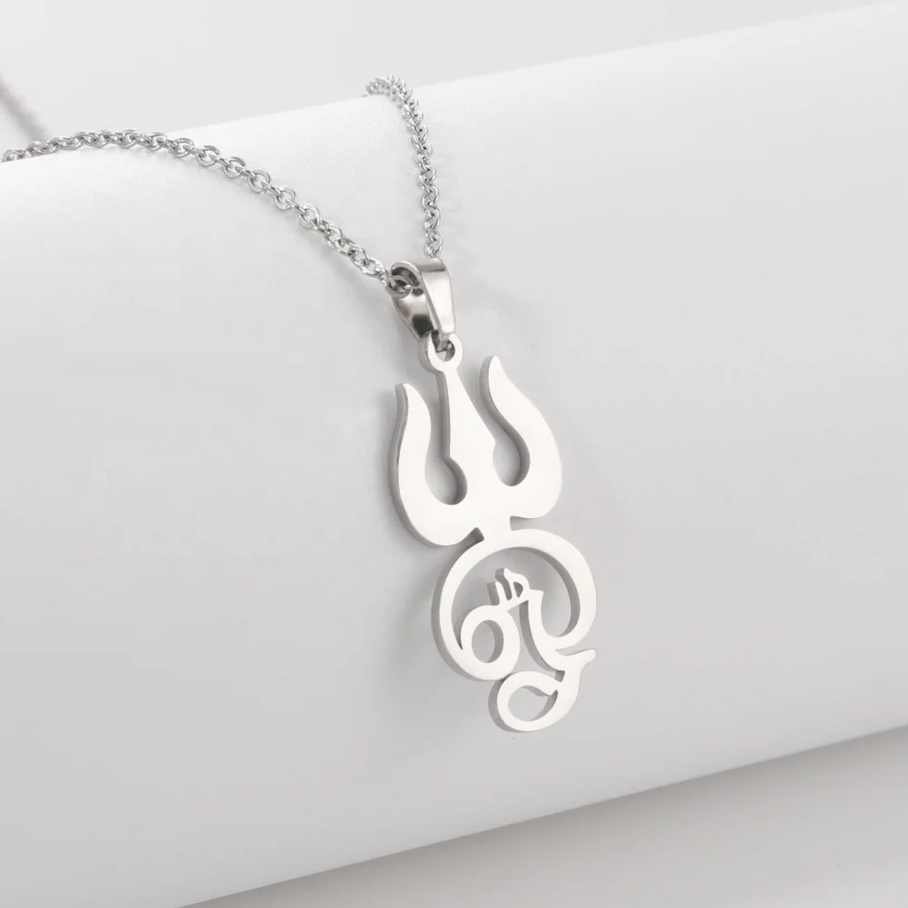 India Tamil Om Symbol with Trident Pendant Necklace Om Shiva Symbol Yoga Vintage Talisman Stainless Steel Jewelry