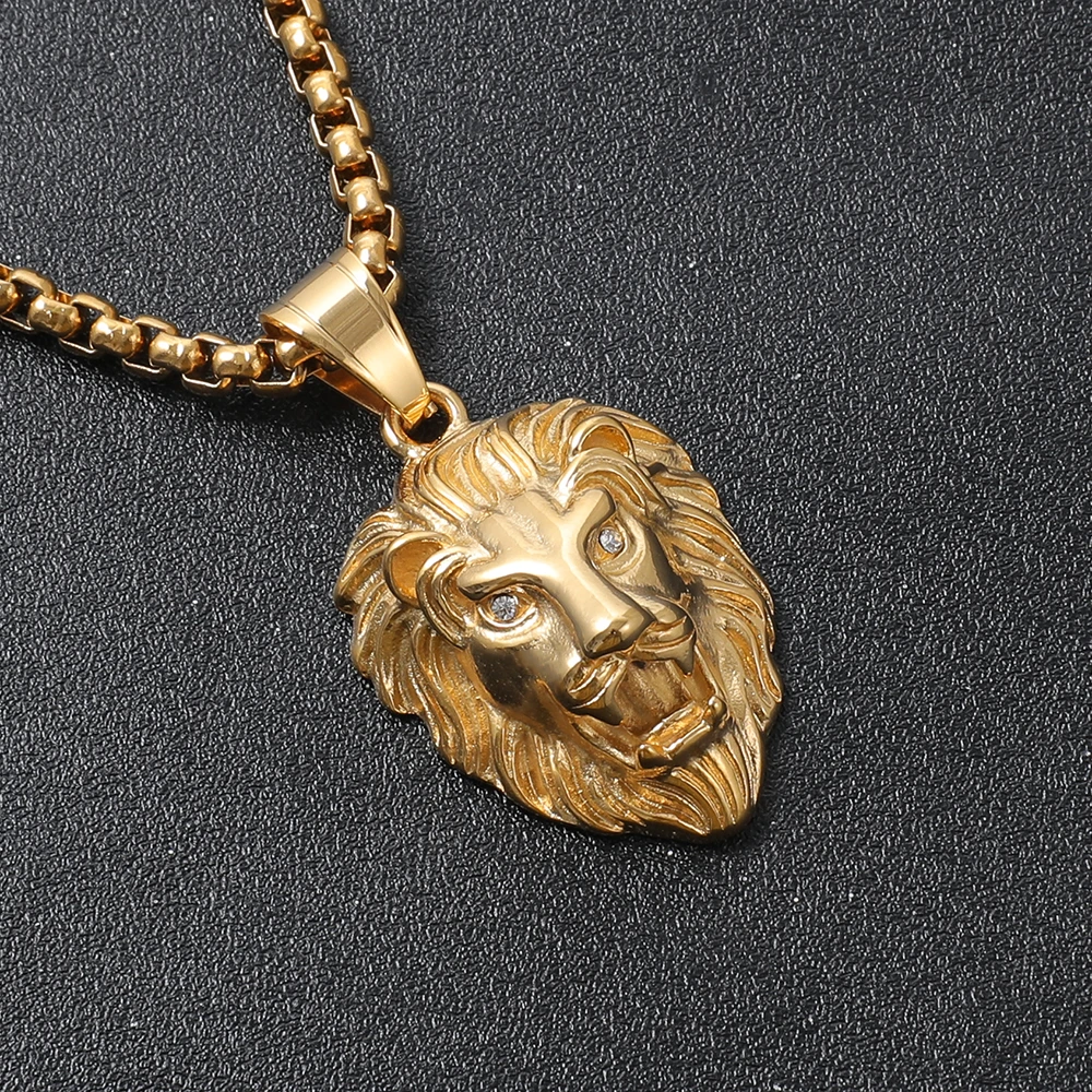 18k Gold Stainless Steel Lion Head Chain Necklaces Hiphop Rock Animal ...