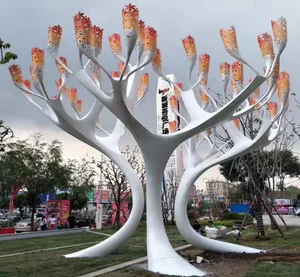 Custom Stainless Steel Colorful Tree Led Contemporary Metal Art Garden Outdoor Light Sculptures