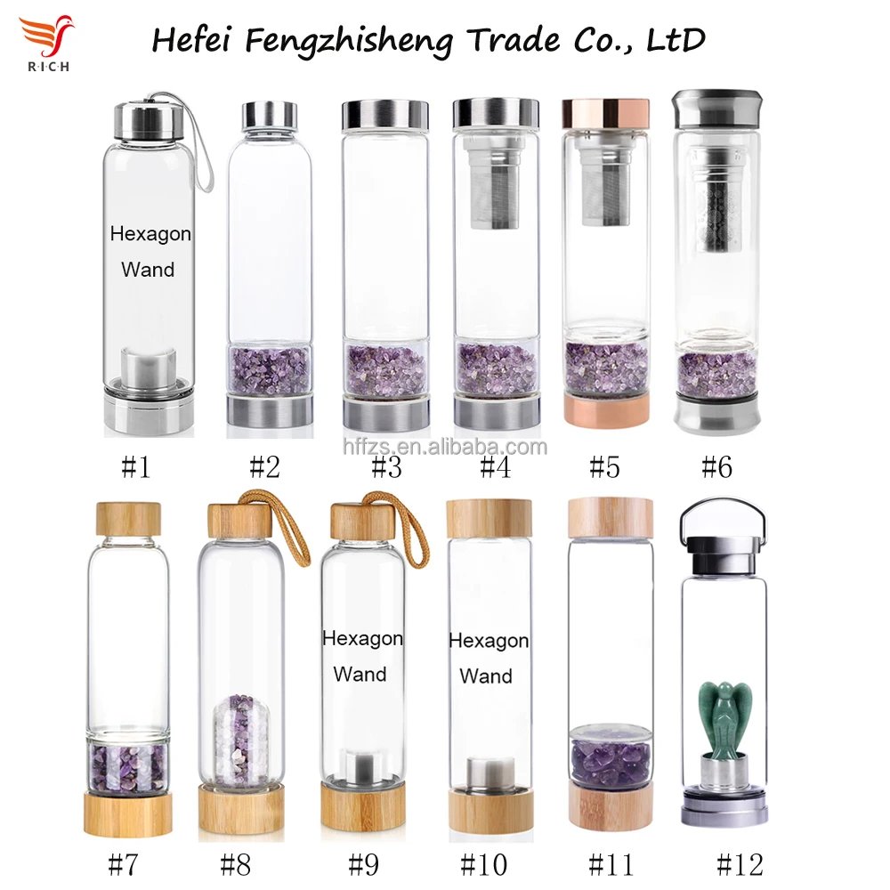 16oz Bamboo Gemstone Elixir Glass Water Bottle Rose Quartz Crystal