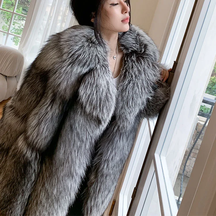 Custom Fluffy Trendy Long Luxury Full Pelt Real Silver Fox Fur Women Long  Fur Coat With Collar