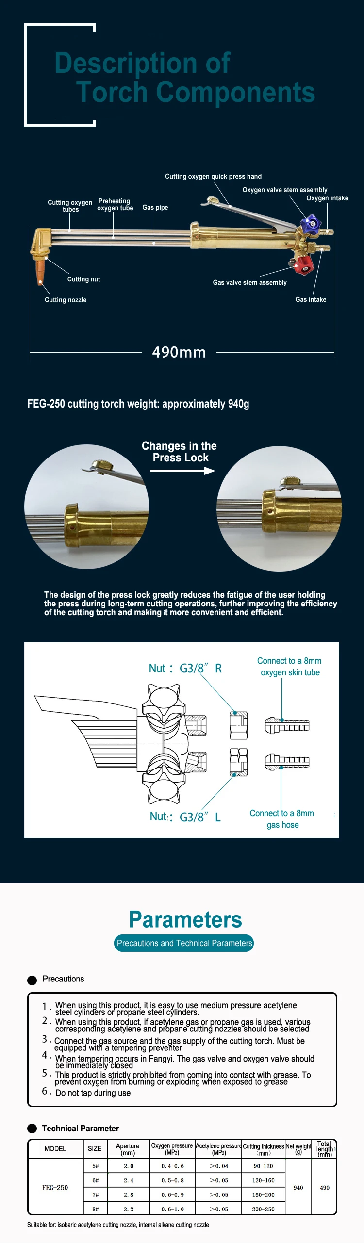 TKWeld FEG-250 Heavy-Duty Portable CO2 & Oxygen Acetylene Long-Handled Welding Torch with Double Switch and 54V Input details