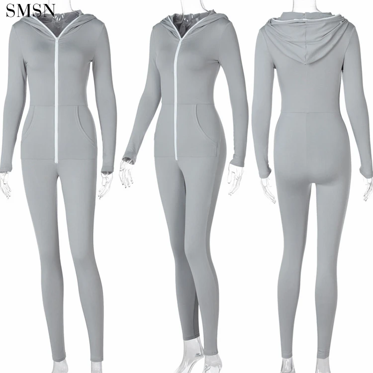 Wholesale Winter Hooded Exercise Fitted Jumpsuit Zip Up Sport Long Sleeve Bodysuits Sexy For Women Jumpsuit 2021 Sexy