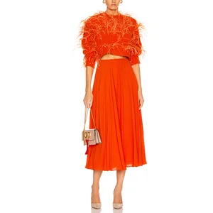New Fashion Spring Orange Solid Chiffon  a Line Pleated Midi  Skirt Women