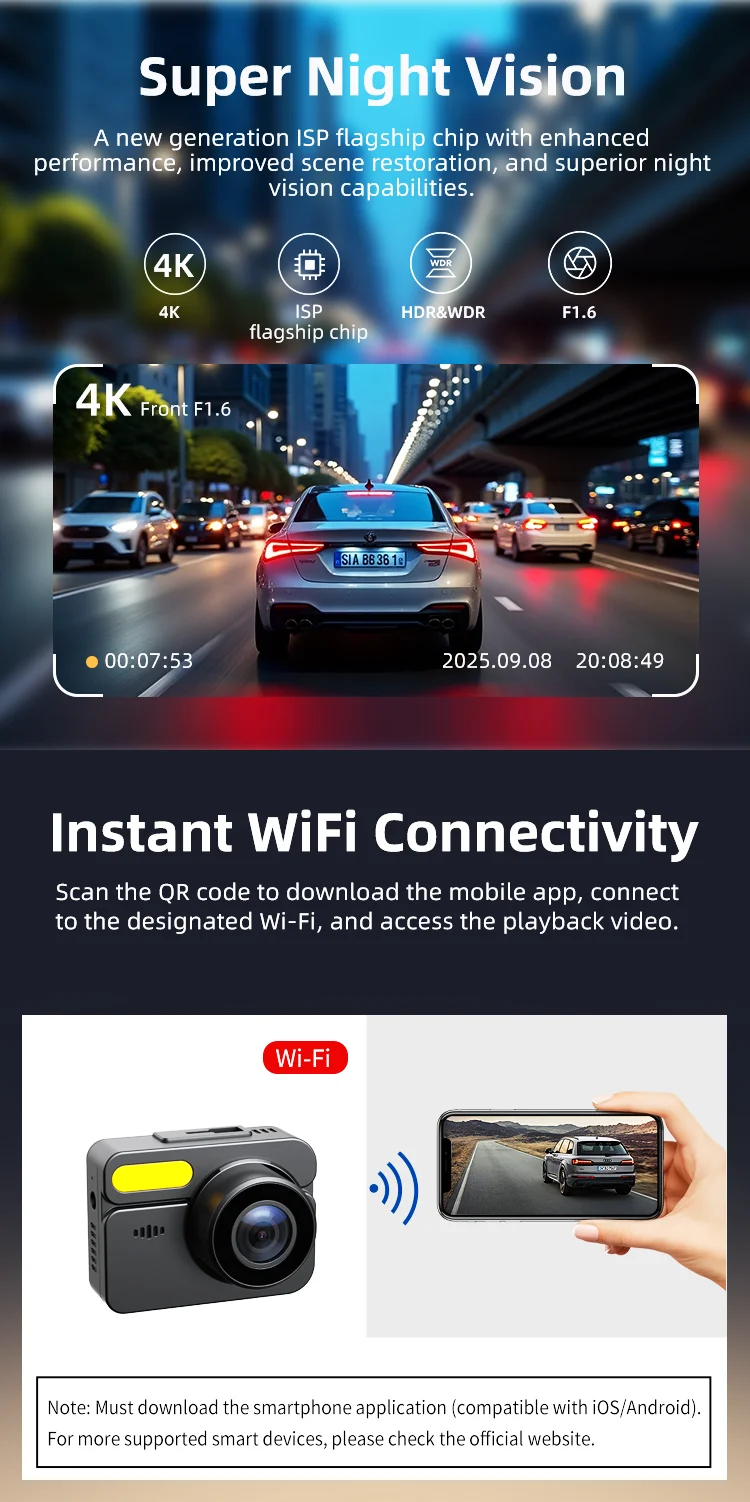 2-Inch Night Vision Dual Lens Car Dash Camera 4K Front and 1080P Rear View Recorder for Reverse with WIFI GPS Voice Control manufacture