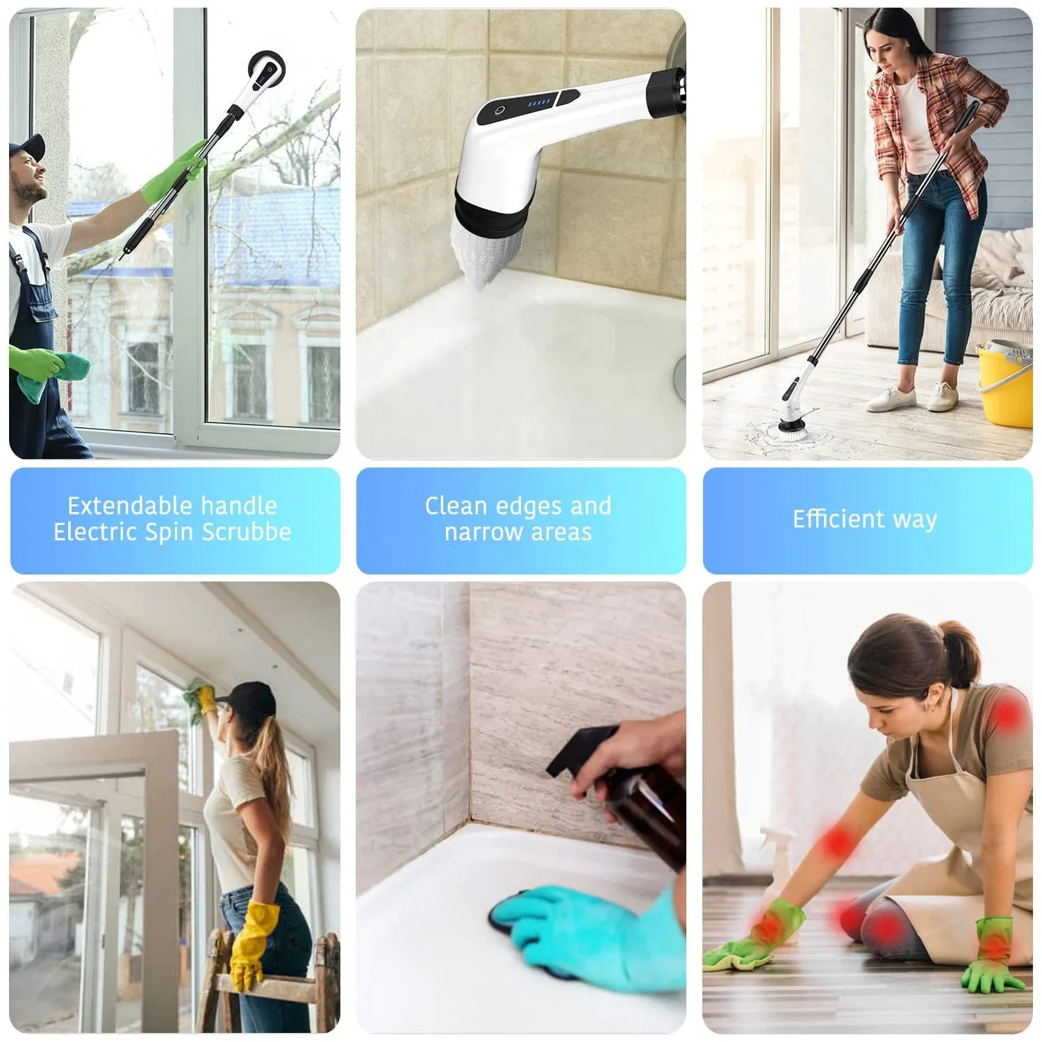 9 in 1 Adjustable Detachable Electric Spin Scrubber Long Handle Cordless Cleaning Brush Electric for Car Toilet Kitchen House