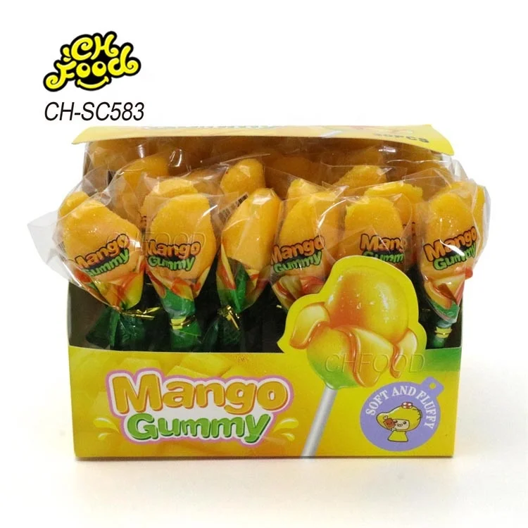 Halal 3D Sugar Coated Mango Shape Gummy Jelly Candy Lollipop Wholesale and Custom China Sweets Candy Snack