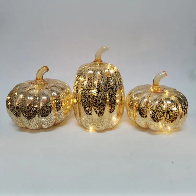 Lighted festive Fall pumpkins decoration 3 assorted led handmade orange gold mercury glass pumpkin lights with battery for sale factory