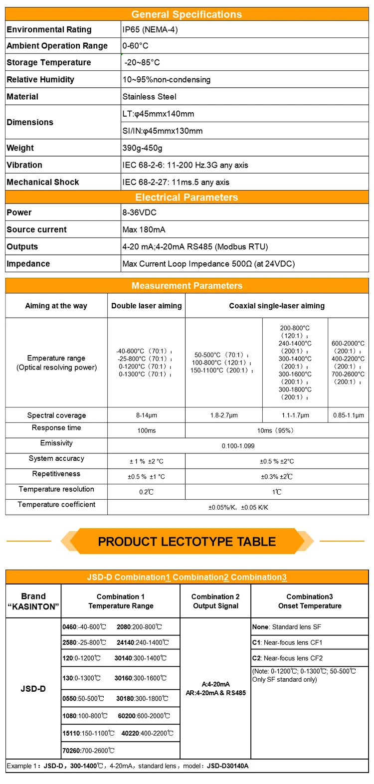 KASINTON JSD-D130A 0~1300℃ 4-20mA IP65  Non Contact Infrared Temperature Sensor factory