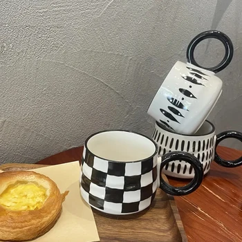 Creative Japanese style checkerboard abstract mug round handle pot belly cup