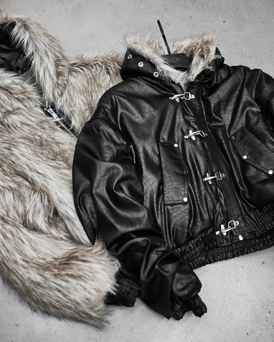 OEM Custom New Fashion High Quality Leather Coat Windproof Winter with Gray Soft Fur Reversible Zip up Streetwear Jacket Unisex gallery 3