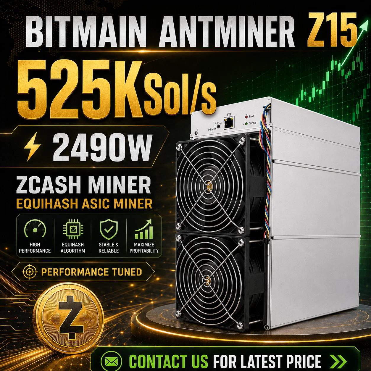 Bitmain Antminer Z15K 525KSol/s Zcash ZEC Miner Equihash ASIC