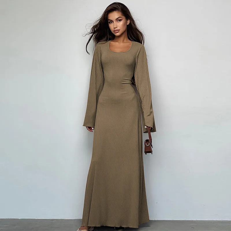 Private Label Knit Rib Long Cloak Sleeve Elegant Bandage Women Dress Evening Party Prom Dress Casual Maxi Dress