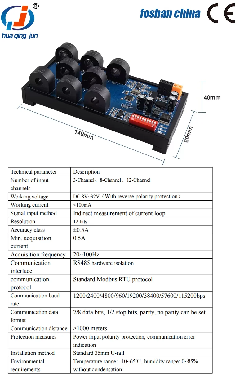 product huaqingjun 8 channel rs485 ac current transformer detection 0 50a module modbus rtu communication data acquisition-2