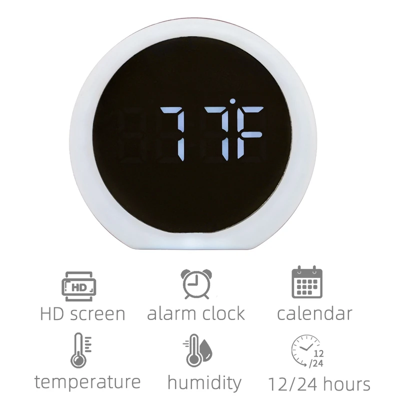Modern Decor Round Makeup Mirror Lighted Large Display Easy Setting Auto Dimming USB Port Digital Alarm Clock for Office Gift